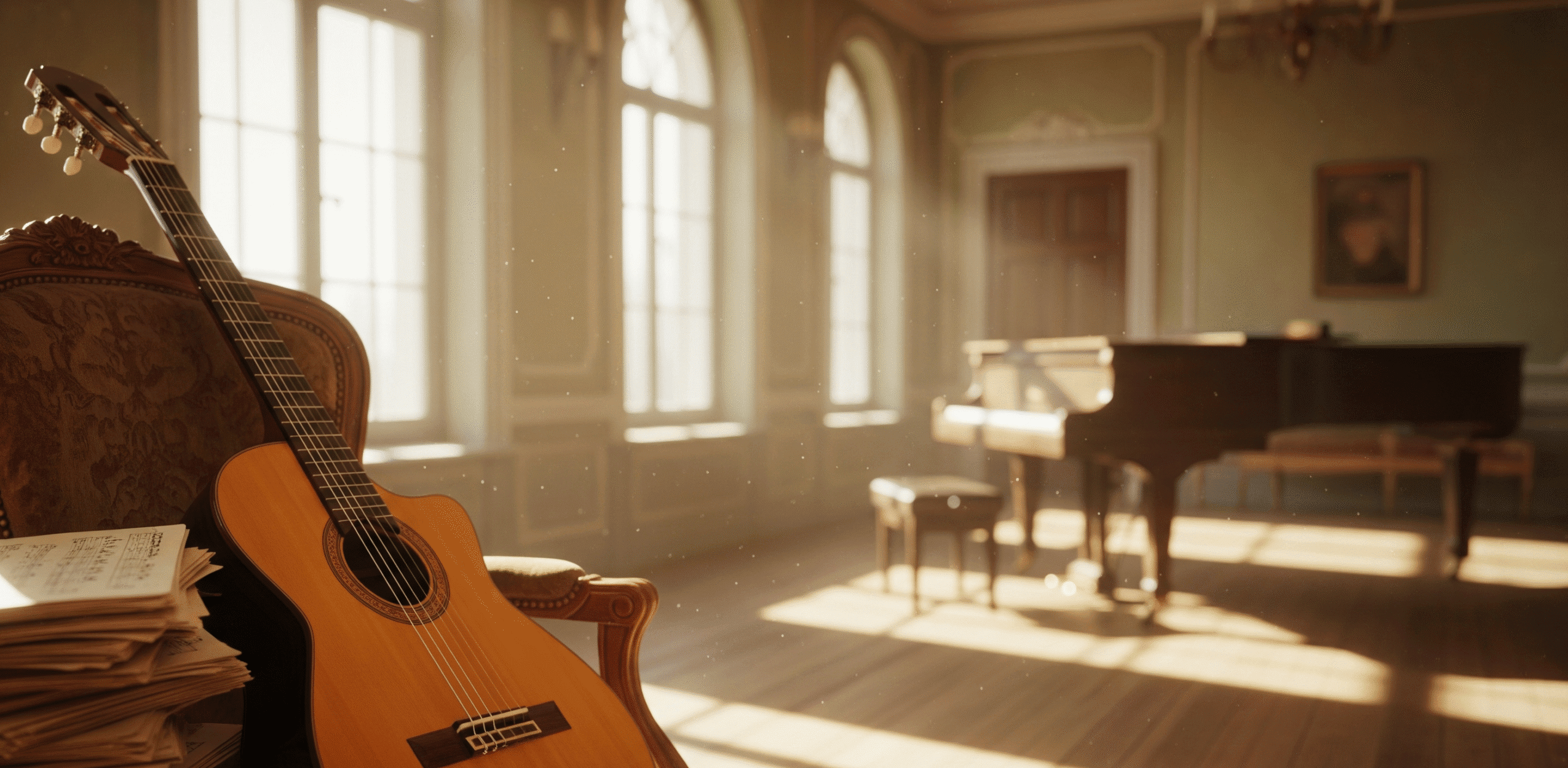 a guitar in a room with a piano